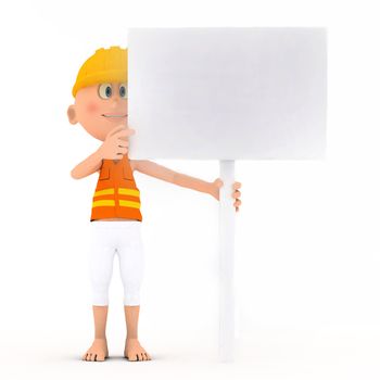 Toon builder, worker holding a blank white board, table.