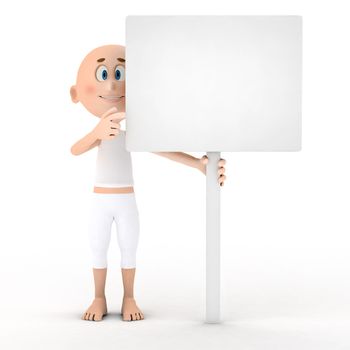 Toon guy holding a blank white board, table.