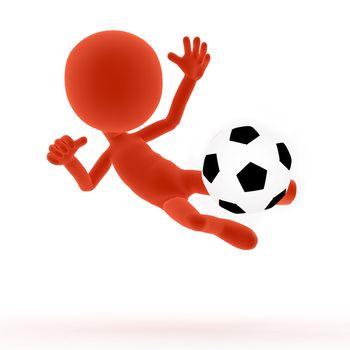 Football, soccer shooting, jumping pose. 3d little people. On white