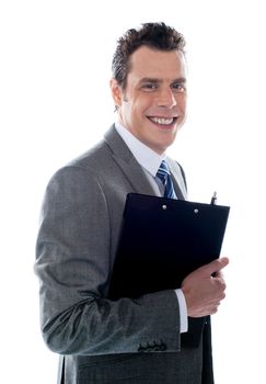 Businessman holding clipboard isolated on white background