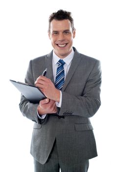 Businessman with clipboard isolated on white background