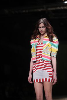 ZAGREB, CROATIA - MARCH 23: Fashion model wears clothes made by Monika Sablic on "CRO A PORTER" show on March 23, 2012 in Zagreb, Croatia.
