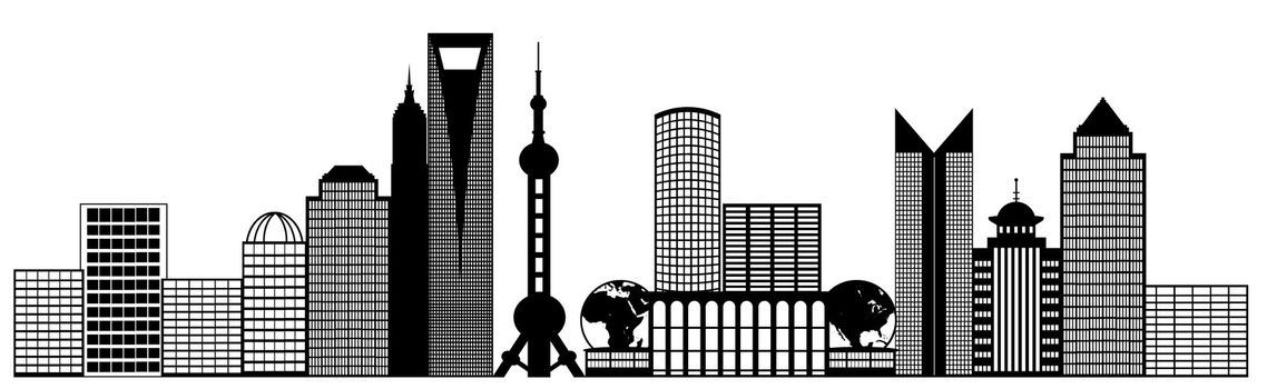 Shanghai China Pudong City Skyline Panorama Black and White Silhouette Clip Art Illustration