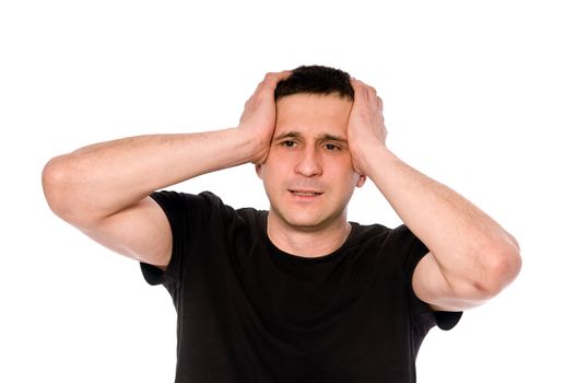 frustrated man put his hands on his head isolated on white background