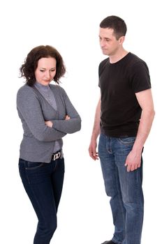 husband and wife quarrel isolated on white background