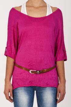 Pink T-shirt with white top and brown belt
