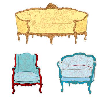 antique rococo sofa, chair and armchair with floral tapestry stickers isolated on white