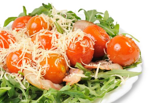 Salad with arugula and tomatoes. Isolated on white.