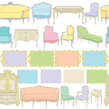 rococo furniture pattern, colored doodles on white