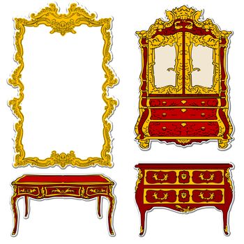 rococo furniture and mirror stickers isolated on white