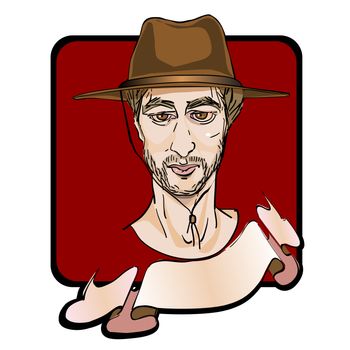 portratit of a man with a  cowboy hat and a ribbon, clip art