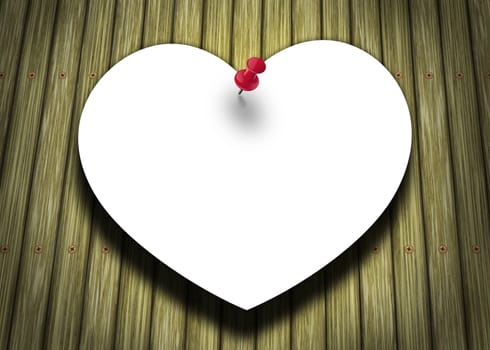 A paper heart, pinned on a wood panel background.