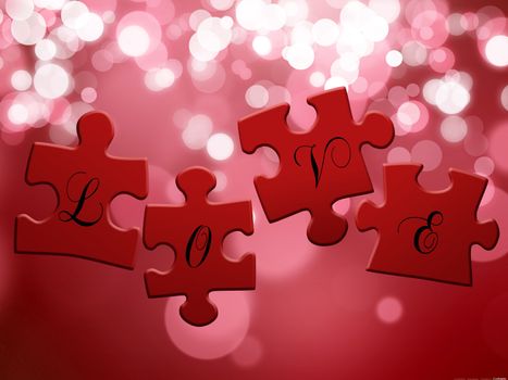 4 red puzzle pieces with the lettering "LOVE" on a bokeh background.