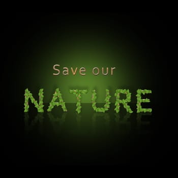 "Save our Nature" illustration with stone letters and green leaves on a black background.