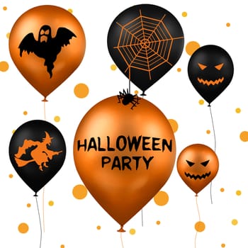 A Halloween Illustration with party balloons in black and orange with a ghost, a witch, a spider and spider web
and jack-o-lantern on a white background with orange dots.