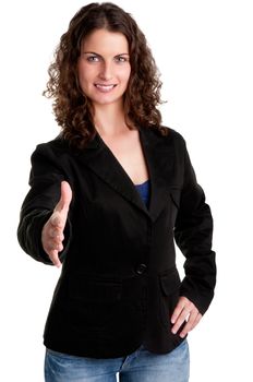 Businesswoman, in a suite, ready to give an handshake, isolated in white