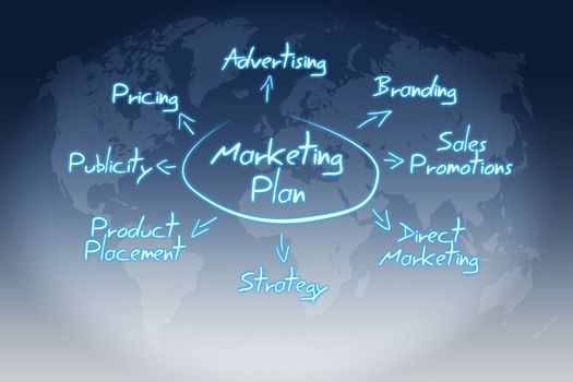 marketing plan concept on blue-white world map background