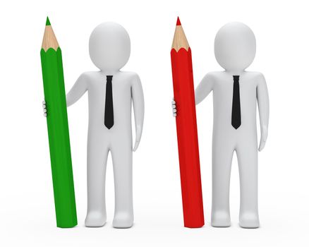 two businessmen hold big reg green pencil