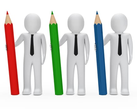 three businessmen hold a big colorful pencil