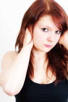 Beautiful woman with brown long hairs. All on white background.