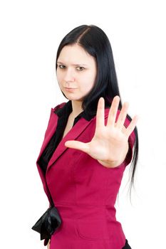 Young businesswoman making Stop gesture