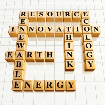 3d golden cubes, crossword - resource, innovation, renewable, Earth, energy, ecology, think