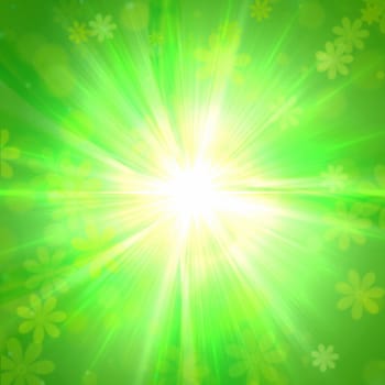 spring flowers and sun rays over green background