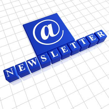 Newsletter - letters and email sign over blue 3d boxes