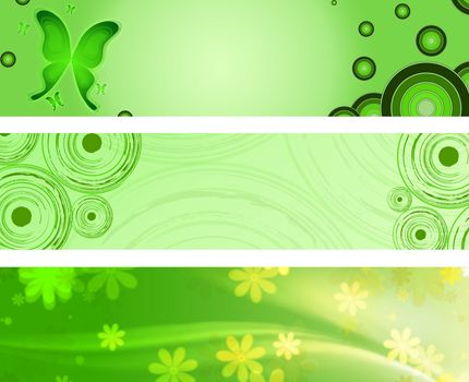 spring green banners - abstract circles, butterflies and flowers