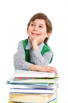 Education - funny boy with books. Isolated over white background.