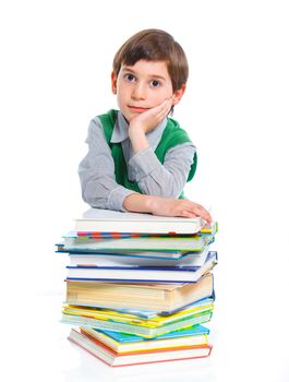 Education - funny boy with books. Isolated over white background.