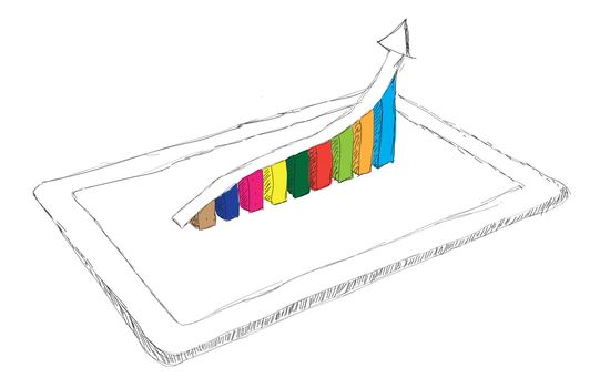 sketch computer tablet showing a spreadsheet with  charts