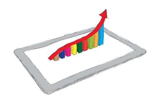 sketch computer tablet showing a spreadsheet with  charts