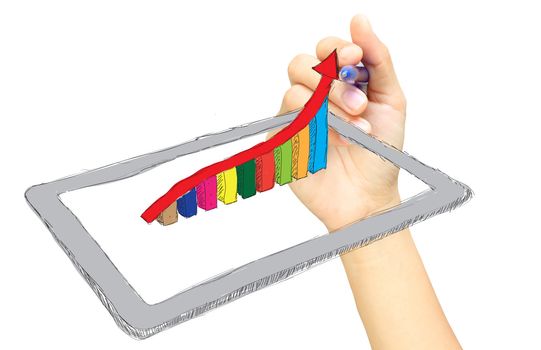 sketch computer tablet showing a spreadsheet with  charts