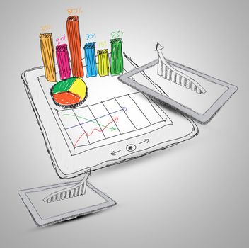 sketch computer tablet showing a spreadsheet with  charts