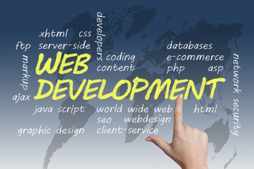 with chalk handwritten Web Development concept Illustration on blue-white world map background