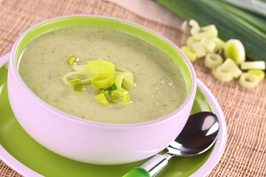 Fresh homemade leek soup (Selective Focus, Focus on the leek rings on the top of the soup)