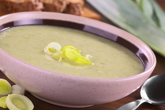 Fresh homemade leek soup (Selective Focus, Focus on the leek rings on the top of the soup)