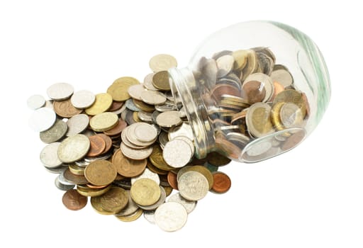 Jar with several coins, isolated on background