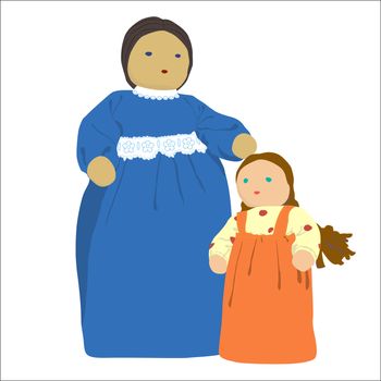 Old fashioned Mother and Daughter illustration (doll) on white background