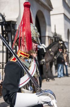 LONDON, UK - APRIL 02: Portrait of Royal Horse Guards in typical outfit. April 02, 2012 in London.