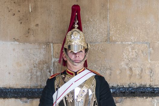 LONDON, UK - APRIL 02: Portrait of Royal Horse Guards in typical outfit. April 02, 2012 in London.