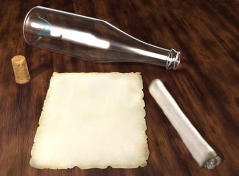 sheet of parchment ready to be written and placed on a bottle are lying on a wooden table