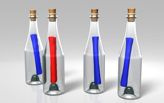 three blue messages and a red one in the transparent and closed bottles