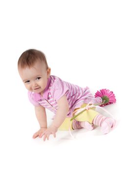 Shot of cute baby girl in pink with gerbera in studio