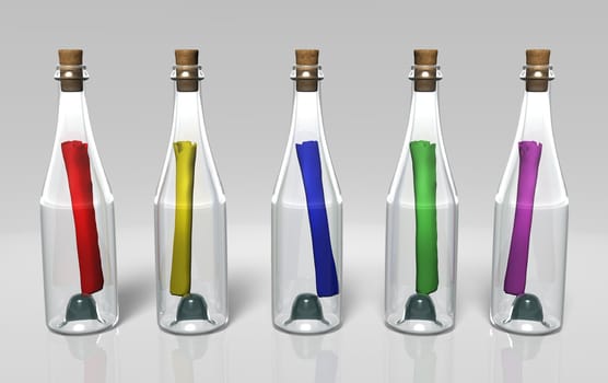 five transparent closed bottles arranged in a row with different colored messages into them