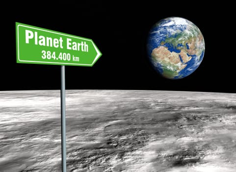 Green signpost on the lunar surface indicating the distance remaining from the planet earth