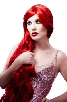 Wavy Red Hair woman. Fashion Girl Portrait. glamorous dress