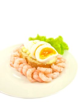 Shrimp sandwich with egg and lettuce, towards white