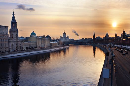 Sunset in Moscow river in Russian federation.
